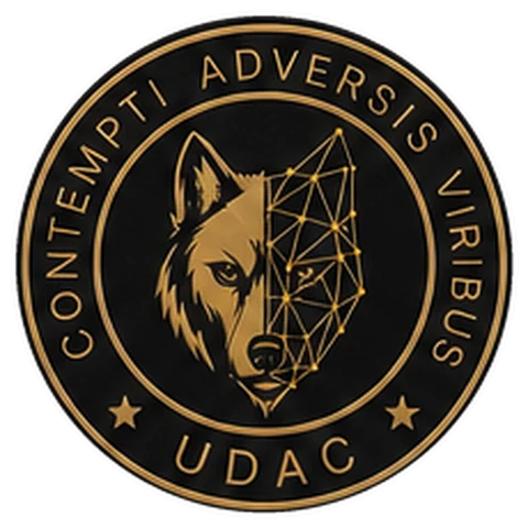 Underdog AI Consulting seal — a wolf's head, half realistic and half geometric network, ringed by the motto Contempti Adversis Viribus